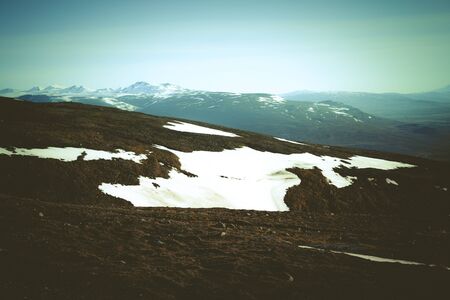 Snowy calm deserted spring landscape of Iceland. Toned.