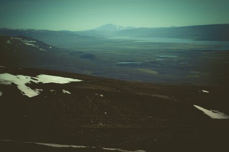 Snowy calm deserted spring landscape of Iceland. Toned.の写真素材