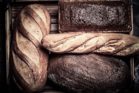 Composition with a bread on a textured plastered surface. Toned.の写真素材