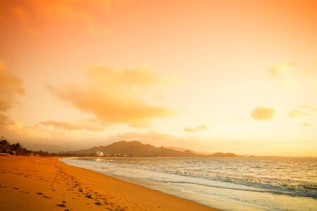 Sunshine on a sandy beach on a territory of hotel on a coast of the South China Sea. Toned.の写真素材
