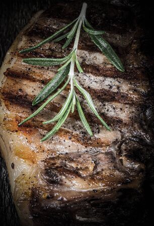 Large piece of fresh pork meat on a bone prepared on a grill pan. Toned.の写真素材