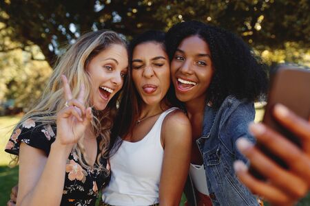 Portrait of a diverse happy smiling young beautiful women close friends having fun and taking selfie on mobile phone in the parkの写真素材