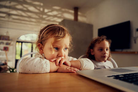 two young sisters watching a laptop in a modern home - two girls streaming on a laptop