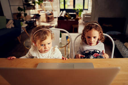 Serious and angry girls watching video on laptop with full concentration at homeの写真素材