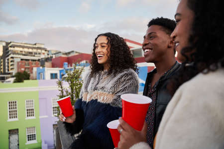 Group of multi-cultural young adults on rooftop terrace looking at view, socializing, drinking and...