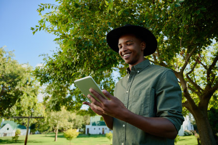 Mixed race male farmer standing outdoors typing on digital tablet working for project . High quality photoの写真素材