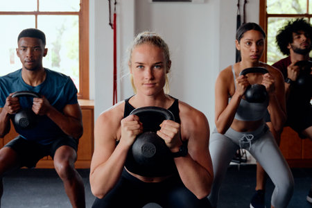 Group of athletic multiracial young adults in sportswear doing kettlebell squats at the gymの写真素材