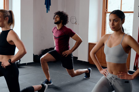 Three focused multiracial young adults in sportswear doing lunges with hands on hips at the gym