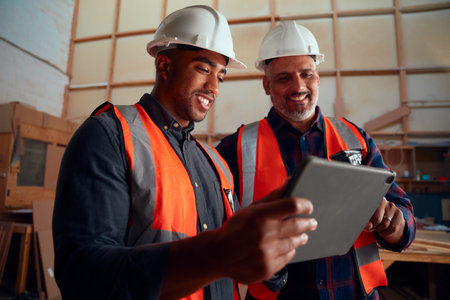 Multiracial men in reflective vest and safety helmet smiling while looking at digital tablet in woodworking factoryの写真素材