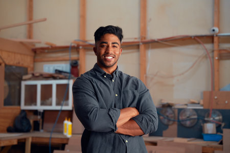 Portrait of happy multiracial young man in shirt looking at camera with arms crossed at woodworking factoryの写真素材