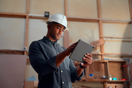 Focused multiracial young man wearing safety helmet using digital tablet in woodworking factoryの写真素材