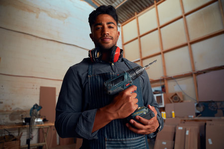 Portrait of multiracial young man looking at camera while holding drill at woodworking factoryの写真素材