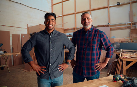 Group portrait of multiracial male colleagues smiling with hands on hips at woodworking factoryの写真素材