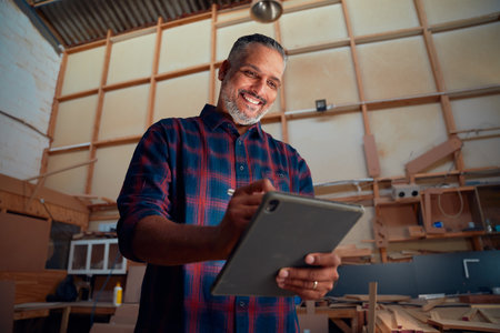 Multiracial mid adult man smiling while using digitized pen on digital tablet at woodworking factoryの写真素材