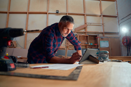 Multiracial mid adult man writing with digitized pen on digital tablet next to tools in woodworking...