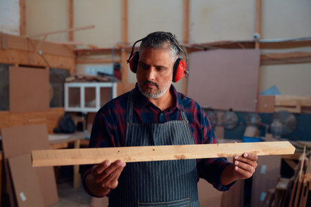 Multiracial mid adult man wearing ear muffs while holding piece of timber in woodworking factoryの写真素材