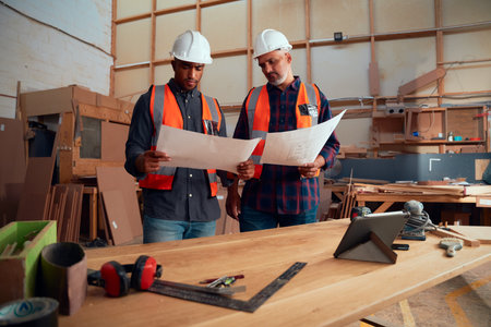 Multiracial men in reflective vest examining paper near digital tablet and tools in woodworking...