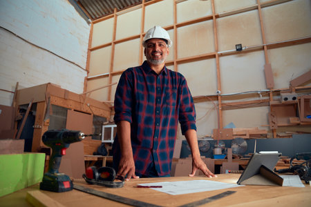 Multiracial mid adult man in safety helmet smiling near digital tablet and power tools in...