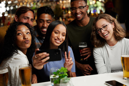 Happy young multiracial group of friends wearing casual clothing taking selfie with mobile phone at...