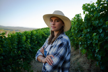 Young caucasian woman wearing checked shirt with arms crossed next to crops on farmの写真素材