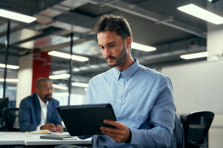 Two multiracial men wearing businesswear using digital tablet during meeting in corporate office