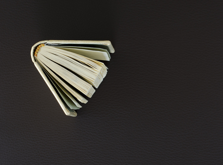 High angle view of a mini book on brown leather