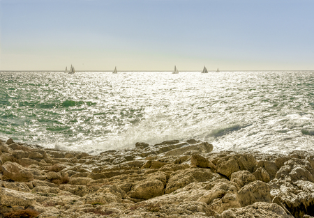 Racing sailing boats in a row during a regatta at Saronic gulf near Athens. Greeceの写真素材