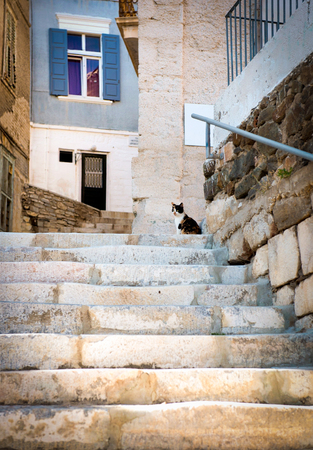 Typical narrow street with stairs in Ermoupoli town, on Syros island in Cyclades,Greeceの写真素材