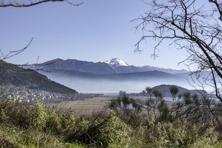 View of Pamvotis lake.Houses and fields,Ioannina city, Epirus, Greece