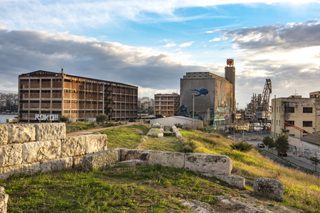 Piraeus port/Greece, February 4 2019:View to Pireaus port from the ruins in Hietionia. Greece.のeditorial素材