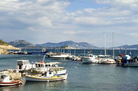 Fishing boats at small harbour in Pachi village. Megara,Greece