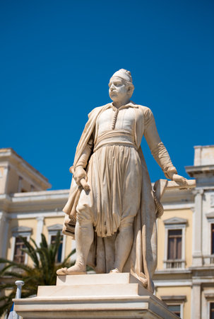 Statue of greek hero, Andreas Miaoulis, in front of the Town Hall of Ermoupolis, in Syros island, Aegean, Greece.のeditorial素材
