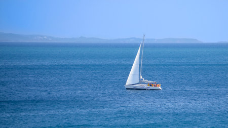Sport team on Sailing training boat in the morning at Saronic gulf. Piraus ,Greeceの写真素材