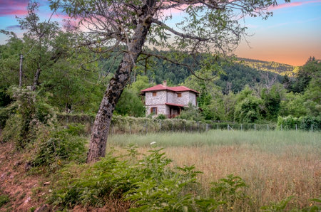 Houses in Zarouhla village. Acahia, Greece. Greek mountainous landscapes at autumn and winterの写真素材