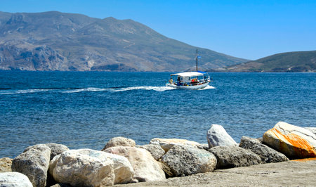 Going for fishing a sunny day around Skyros island. Sporades islands, Greeceの写真素材