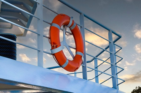 Life buoy on the deck of cruise ship.S ecurity life kit on ship's deckの写真素材