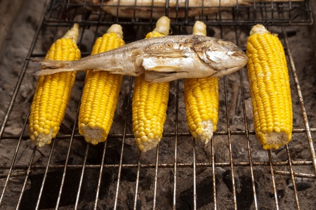 Fresh fish and corns on bbqの写真素材