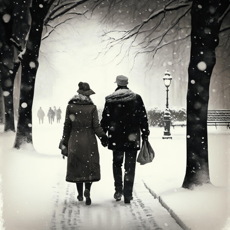Couple walking in the park under snowfall in winter season.の素材