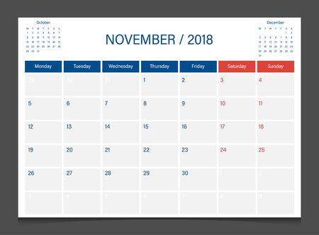 Calendar 2018 November week start on Monday corporate design template vector.のイラスト素材