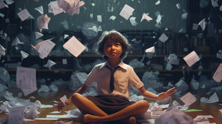 Girl in uniform sitting with paper floating around her. genarative AI.の素材