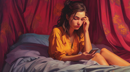 Unhappy teen girl sitting on her phone. genarative AI.の素材