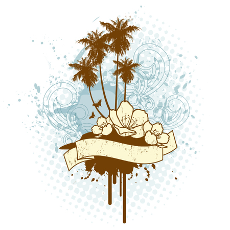 retro tropical island ilustration with banner for your textのイラスト素材