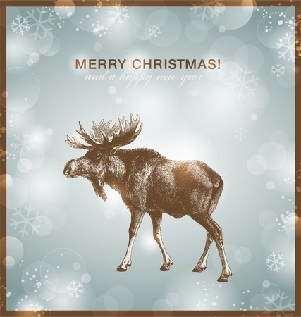 bright winter/christmas background or card with moose against a snowy blurred background のイラスト素材