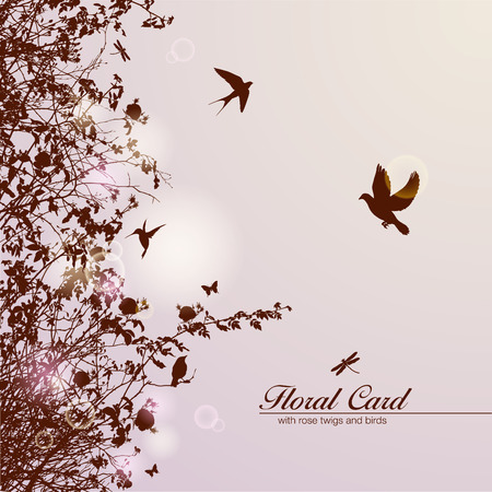 floral card with rose branches and birds のイラスト素材