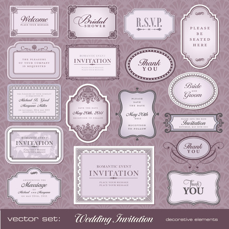 Set of ornate frames and ornaments with sample text. Perfect for classical invitation or announcement cards. のイラスト素材