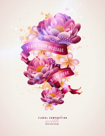 colorful floral composition with watercolor splats and banner for your textのイラスト素材