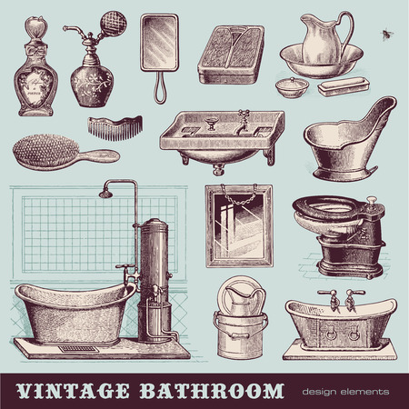 vintage bathroom - furniture and accessoriesのイラスト素材