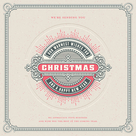 square retro vector christmas card design/template with ornamental round label or badge, corresponding frame, starburst and letterpress effect - perfect for your holiday and season's greetingsのイラスト素材