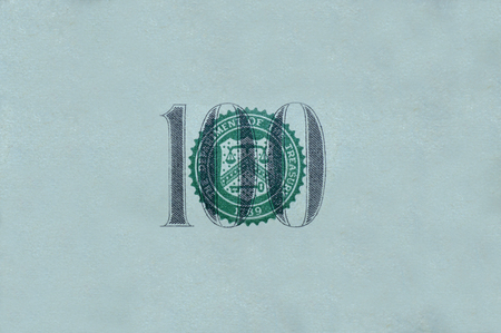 sign with a banknote 100 dollars on a gray background