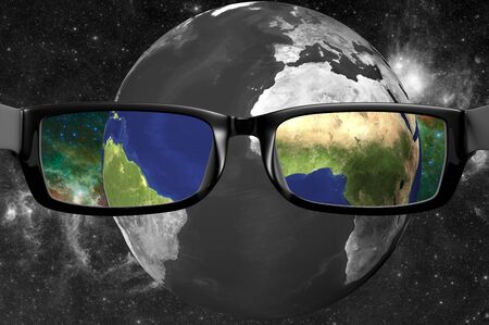 View through glasses of planet earth in color